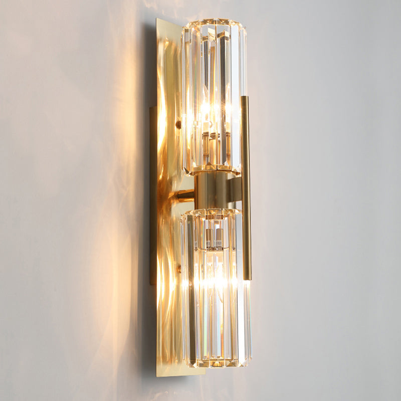 2-Lights Cylindrical Crystal Sconce Lights Electroplated Gold Postmodern Wall Lamp for Living Room