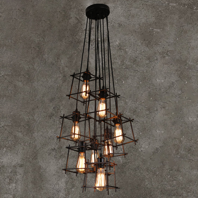 Luz colgante geométrica negra en araña de hierro forjado de estilo vintage industrial con marco de hierro