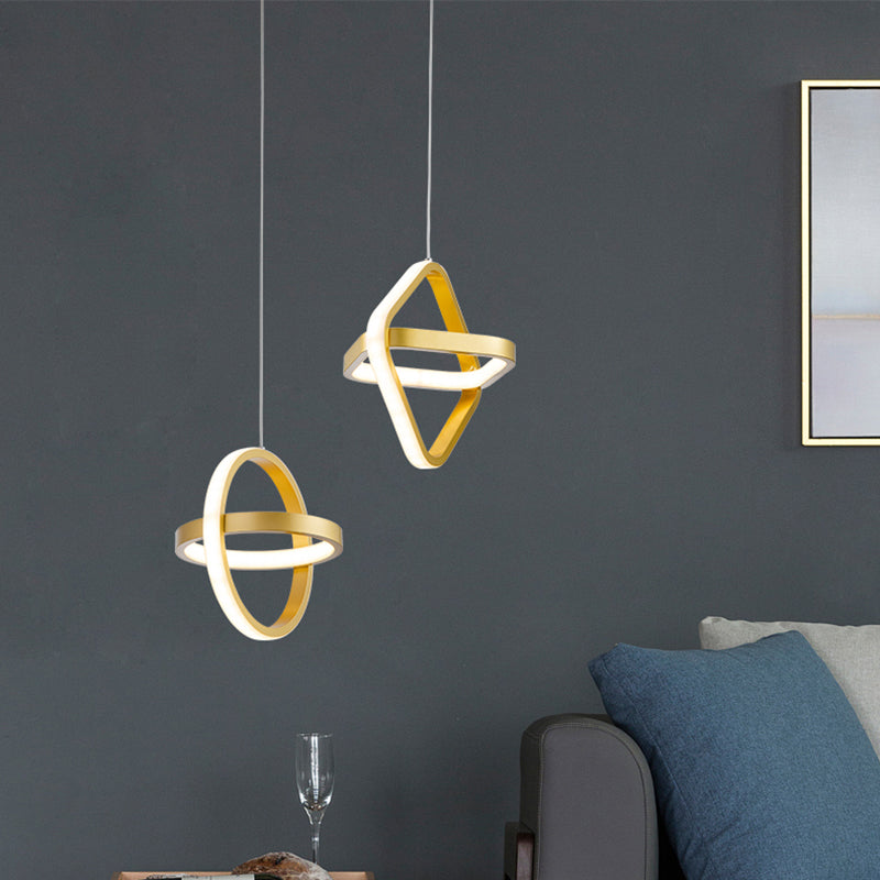 Golden Interlocking Pendant Light Fixture Simplicity 2-Light Metal Drop Lamp for Dining Room