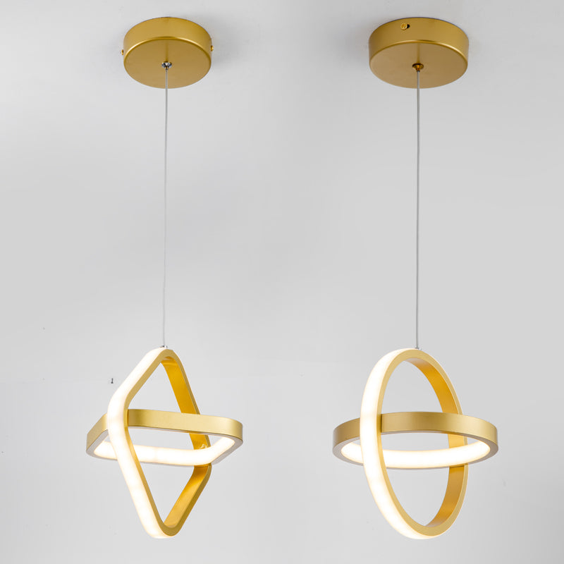 Golden Interlocking Pendant Light Fixture Simplicity 2-Light Metal Drop Lamp for Dining Room