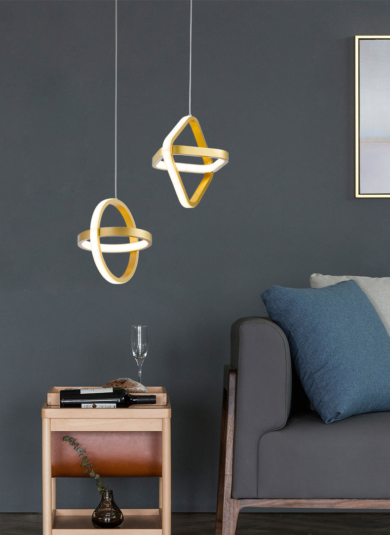 Golden Interlocking Pendant Light Fixture Simplicity 2-Light Metal Drop Lamp for Dining Room