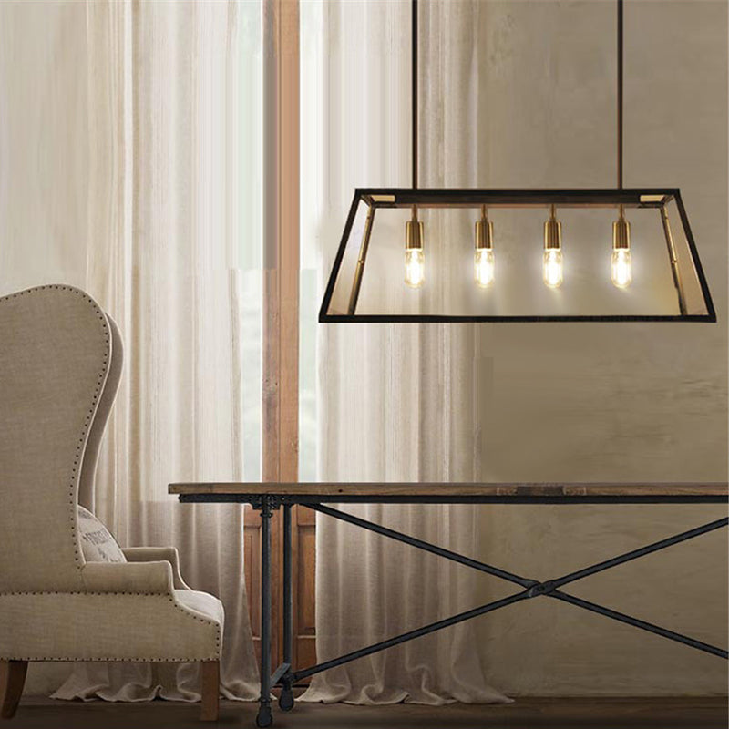 Glass 4 Lights Island Pendant Chandelier Trapezoid Industrial Island Light Fixtures for Dining Room