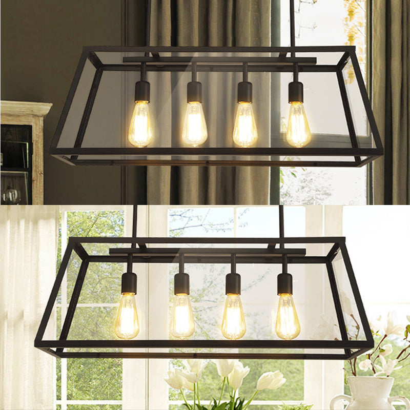 Glass 4 Lights Island Pendant Chandelier Trapezoid Industrial Island Light Fixtures for Dining Room