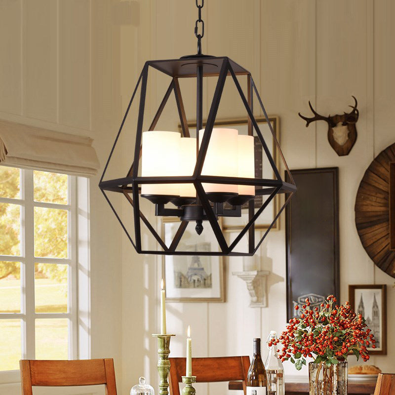 Wrought Iron Black Pendant Light in Industrial Vintage Style Geometric Adjustable Ceiling Light with Iron Frame
