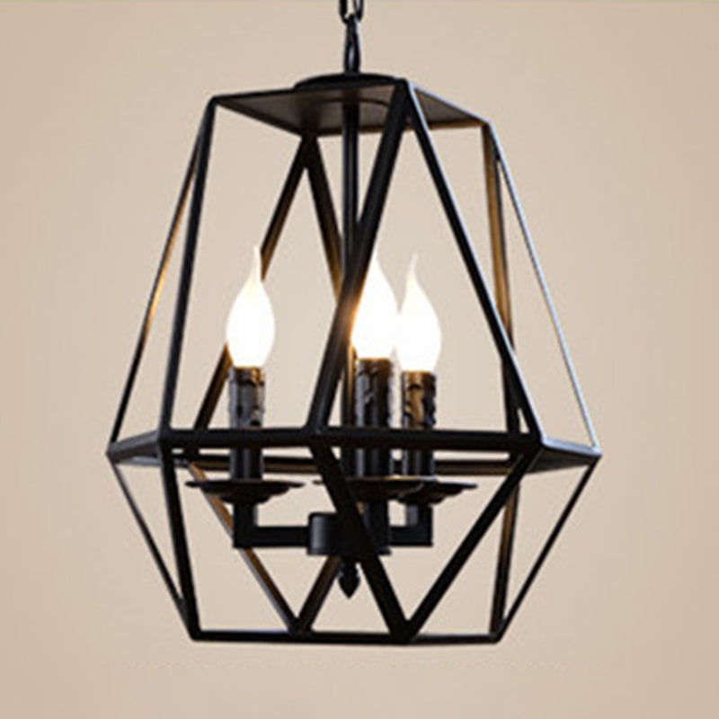 Wrought Iron Black Pendant Light in Industrial Vintage Style Geometric Adjustable Ceiling Light with Iron Frame