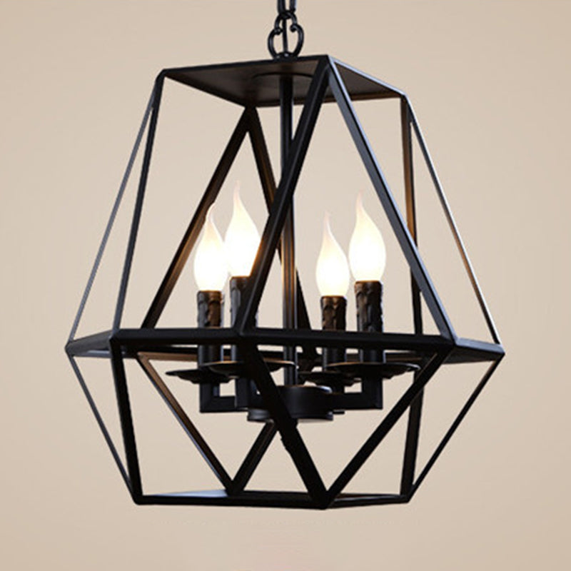 Wrought Iron Black Pendant Light in Industrial Vintage Style Geometric Adjustable Ceiling Light with Iron Frame