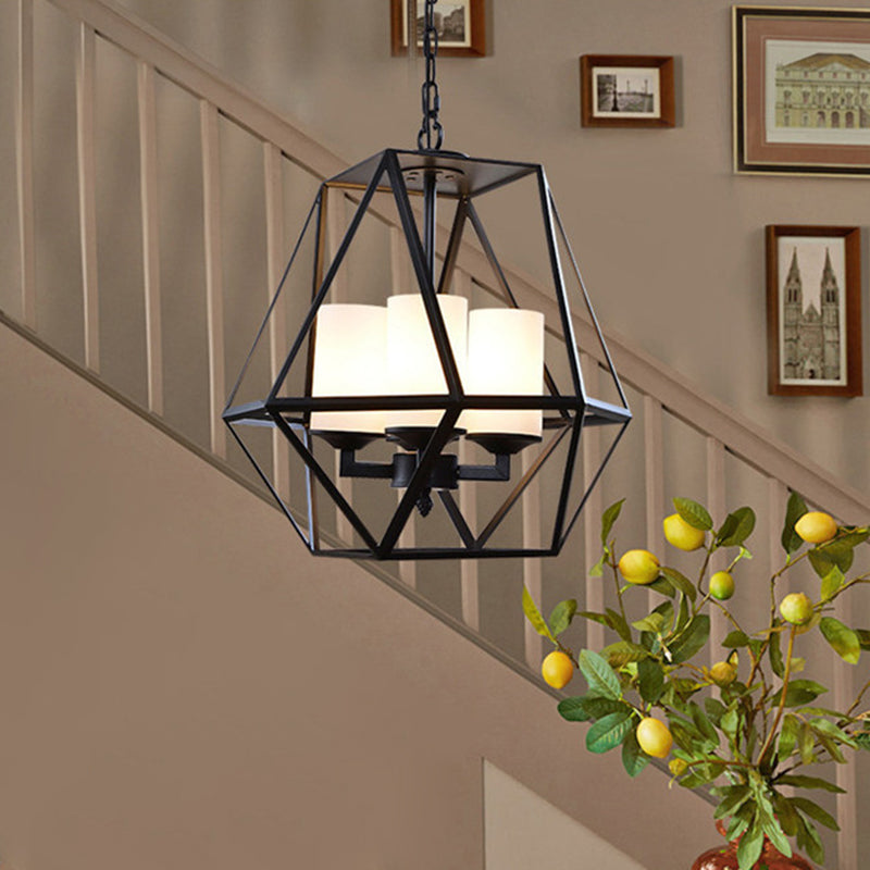 Wrought Iron Black Pendant Light in Industrial Vintage Style Geometric Adjustable Ceiling Light with Iron Frame