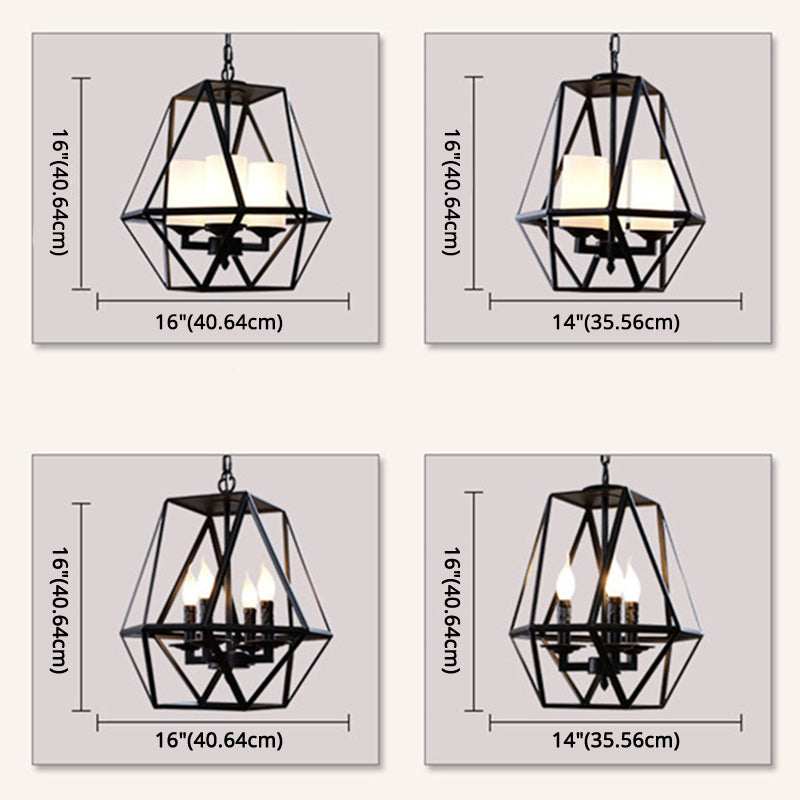 Wrought Iron Black Pendant Light in Industrial Vintage Style Geometric Adjustable Ceiling Light with Iron Frame