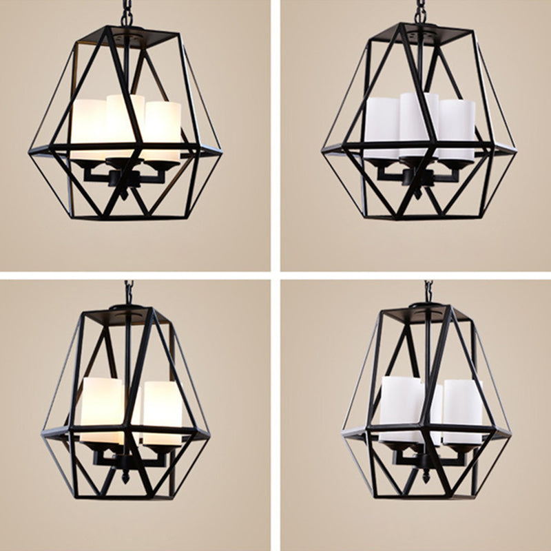 Wrought Iron Black Pendant Light in Industrial Vintage Style Geometric Adjustable Ceiling Light with Iron Frame