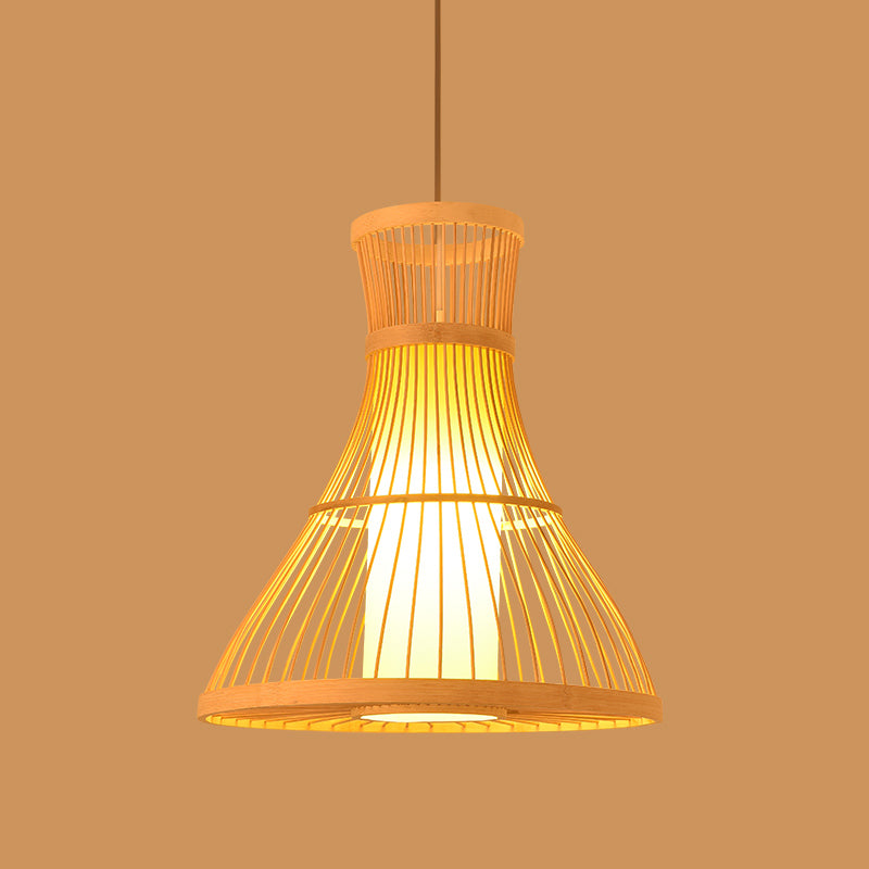 Asia Lantern Pendant Lighting Bamboo 1 Bulb Restaurant Hanging Light in Wood