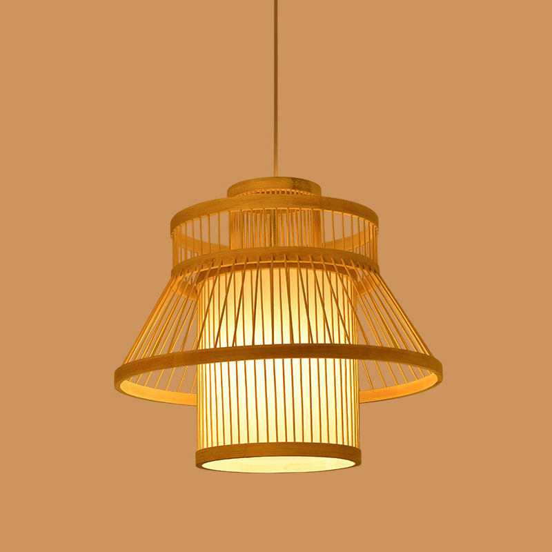 Asia Lantern Pendant Lighting Bamboo 1 Bulb Restaurant Hanging Light in Wood