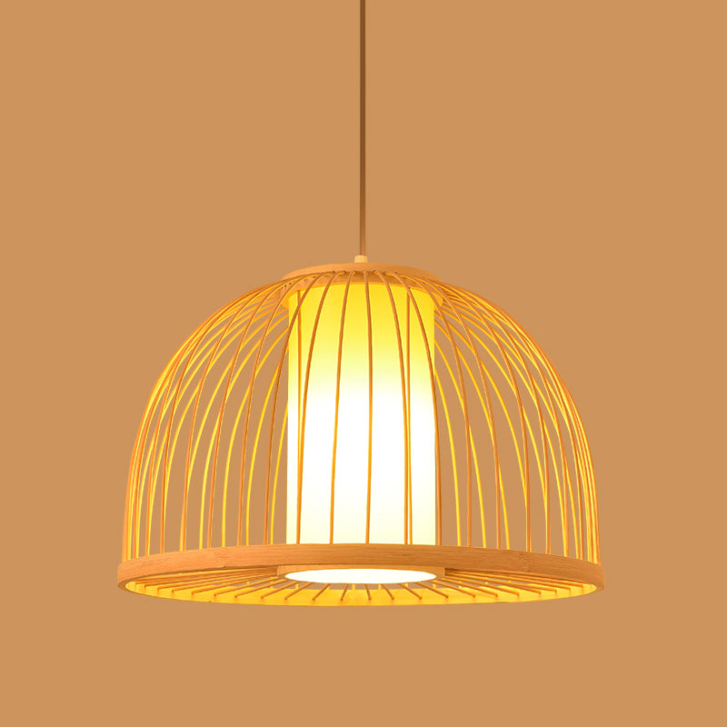 Asia Lantern Pendant Lighting Bamboo 1 Bulb Restaurant Hanging Light in Wood