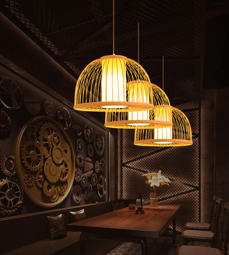 Asia Lantern Pendant Lighting Bamboo 1 Bulb Restaurant Hanging Light in Wood