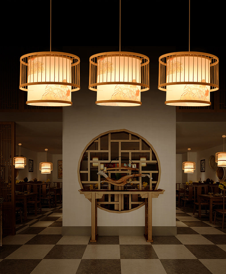 Asia Lantern Pendant Lighting Bamboo 1 Bulb Restaurant Hanging Light in Wood