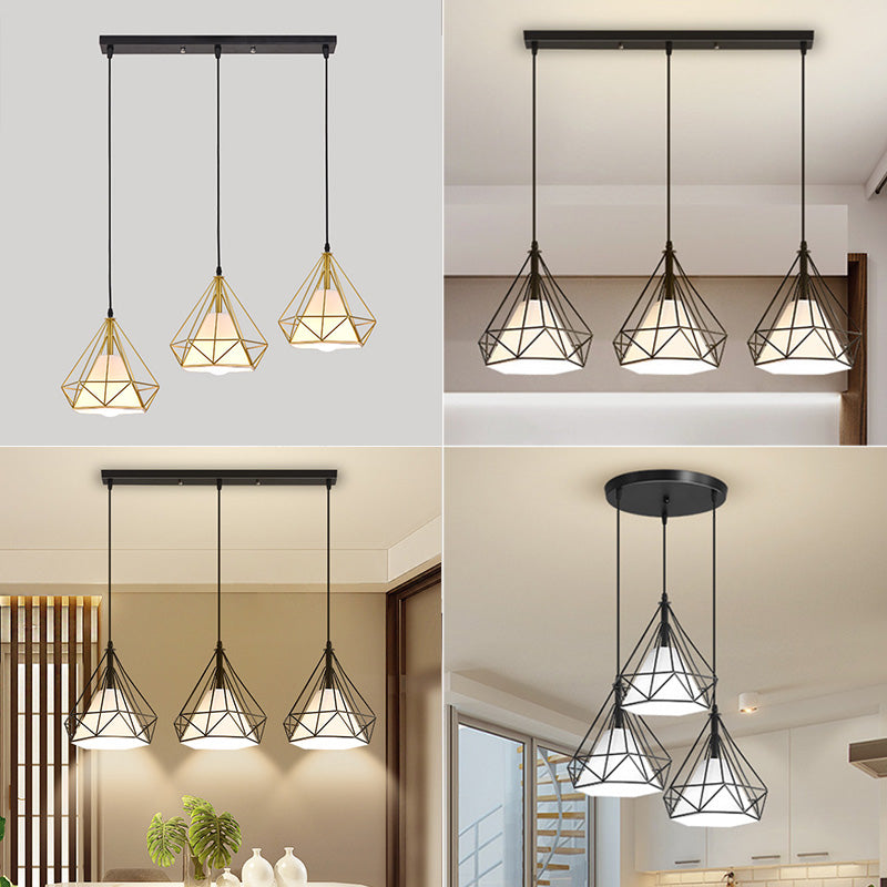 3 Lights Diamond Pendant Industrial Metal Ceiling Pendant with Hanging Cord for Restaurant