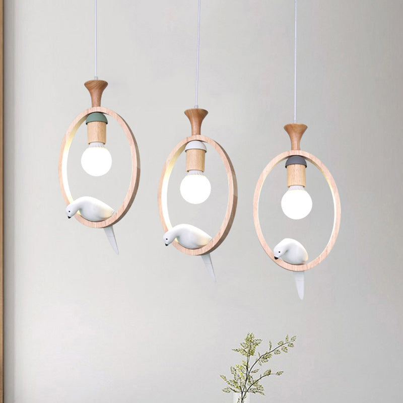 Dadelloze houten suspensielamp Noordse 1-licht hangerverlichting met harsvogel decor