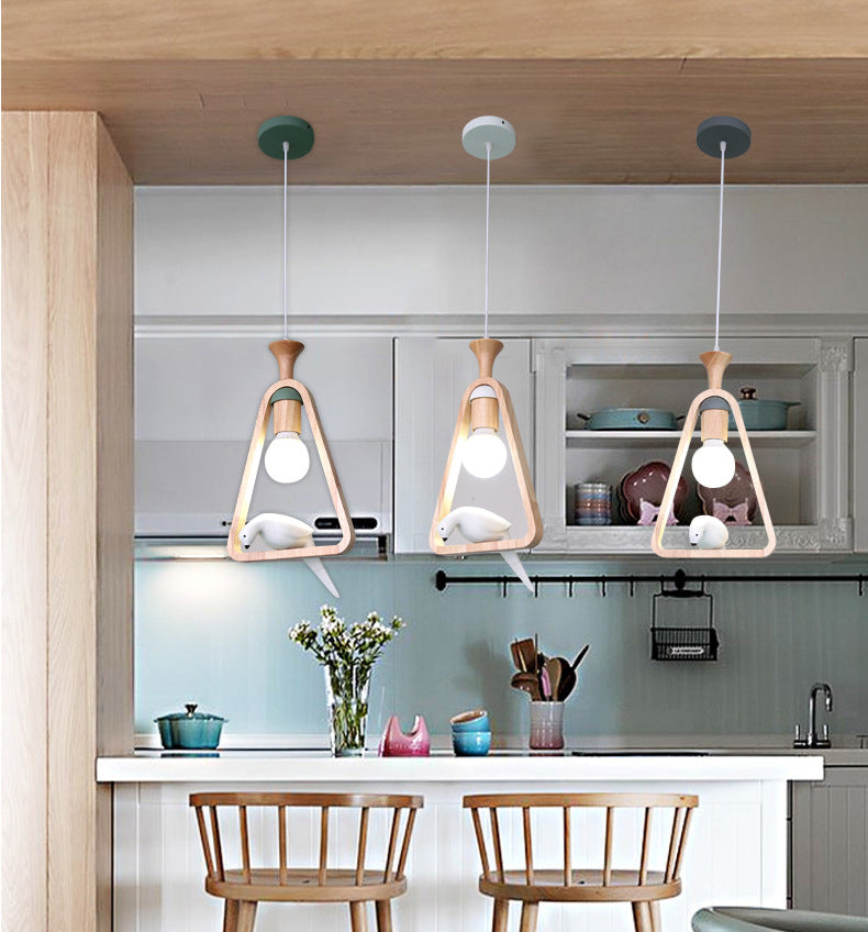 Dadelloze houten suspensielamp Noordse 1-licht hangerverlichting met harsvogel decor