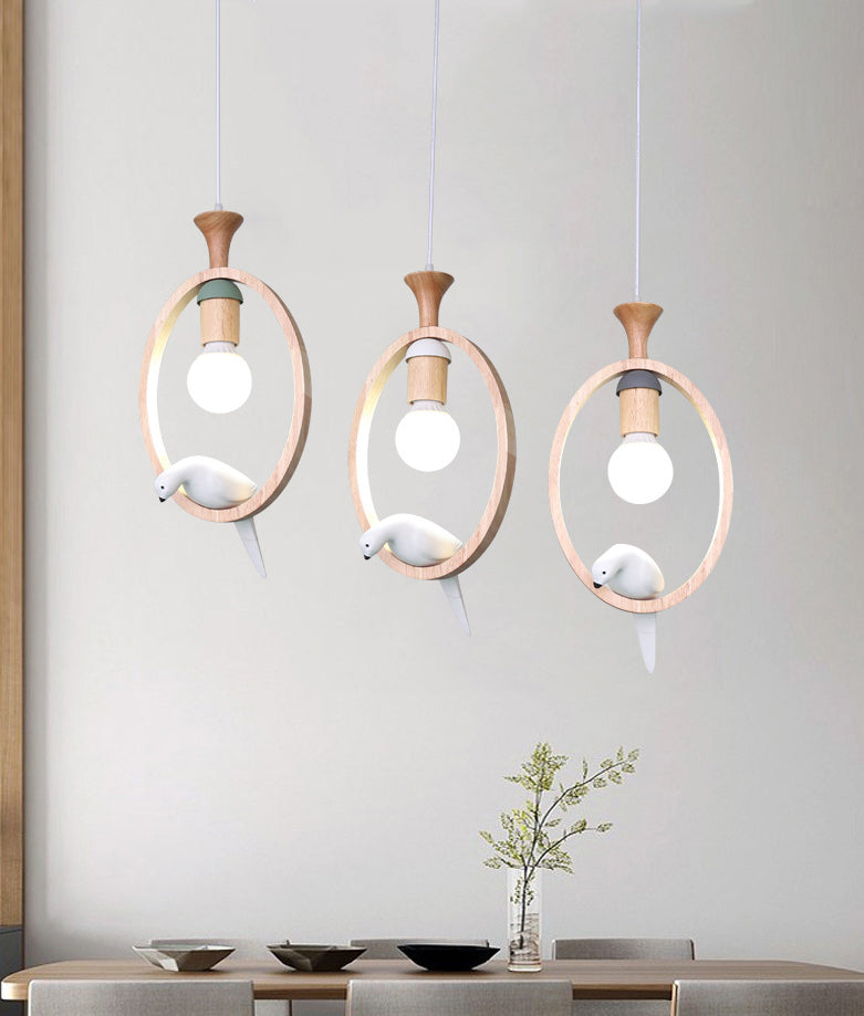 Dadelloze houten suspensielamp Noordse 1-licht hangerverlichting met harsvogel decor