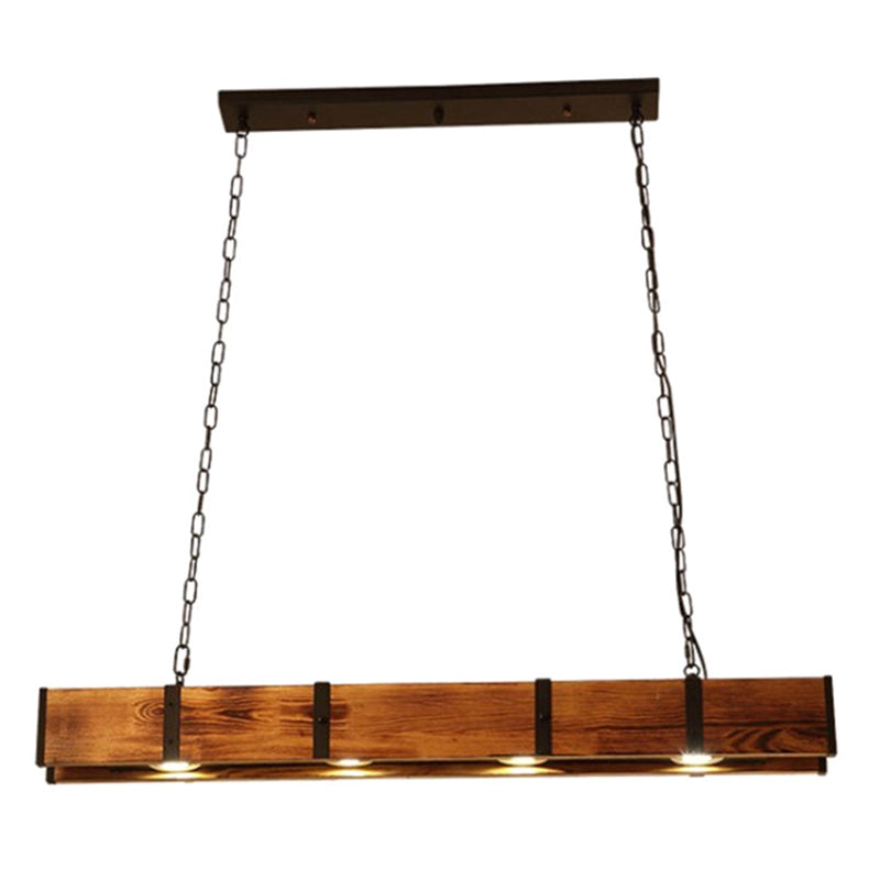 Rectangular Wooden LED Island Pendant Light in Industrial Vintage Style Wrought Iron Ceiling Light in Log Color