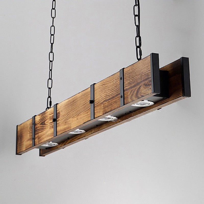 Rectangular Wooden LED Island Pendant Light in Industrial Vintage Style Wrought Iron Ceiling Light in Log Color