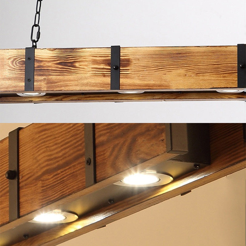 Rectangular Wooden LED Island Pendant Light in Industrial Vintage Style Wrought Iron Ceiling Light in Log Color