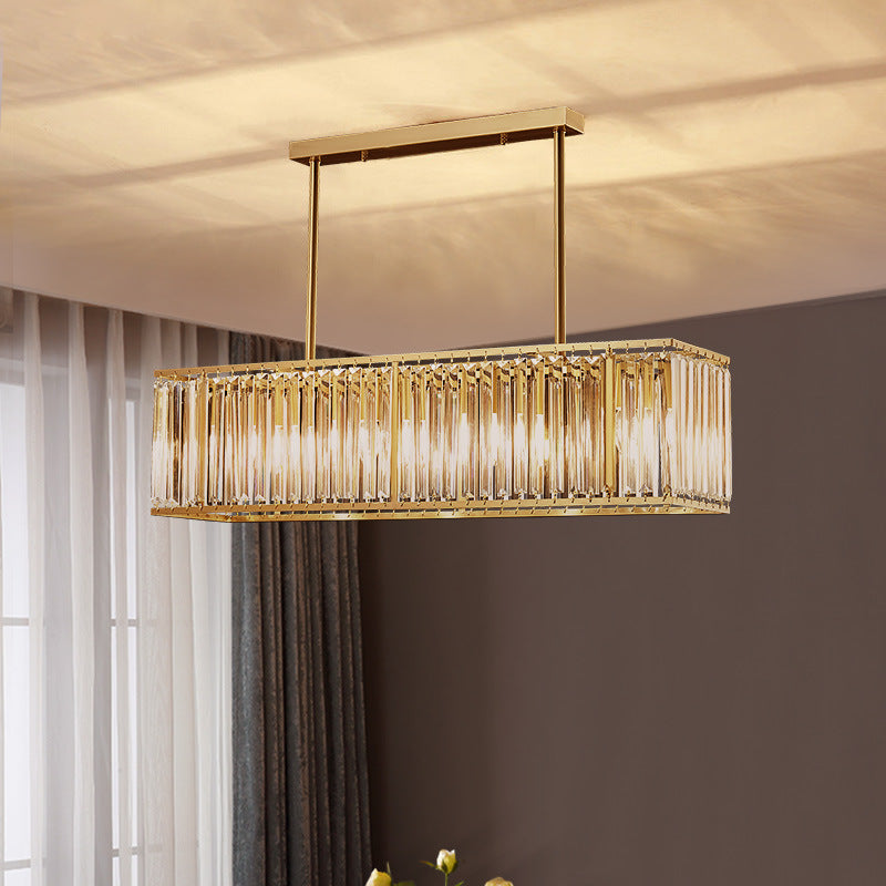 Luce a sospensione dell'isola a LED in oro in rame nella moderna lampada appesa al cristallo rettangolare per sala da pranzo