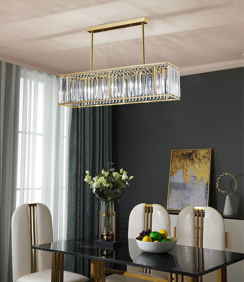 Luce a sospensione dell'isola a LED in oro in rame nella moderna lampada appesa al cristallo rettangolare per sala da pranzo