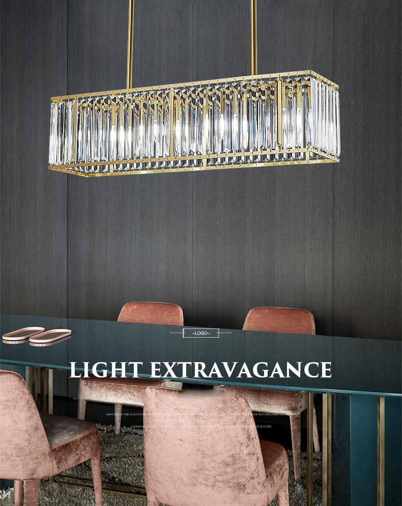 Luce a sospensione dell'isola a LED in oro in rame nella moderna lampada appesa al cristallo rettangolare per sala da pranzo