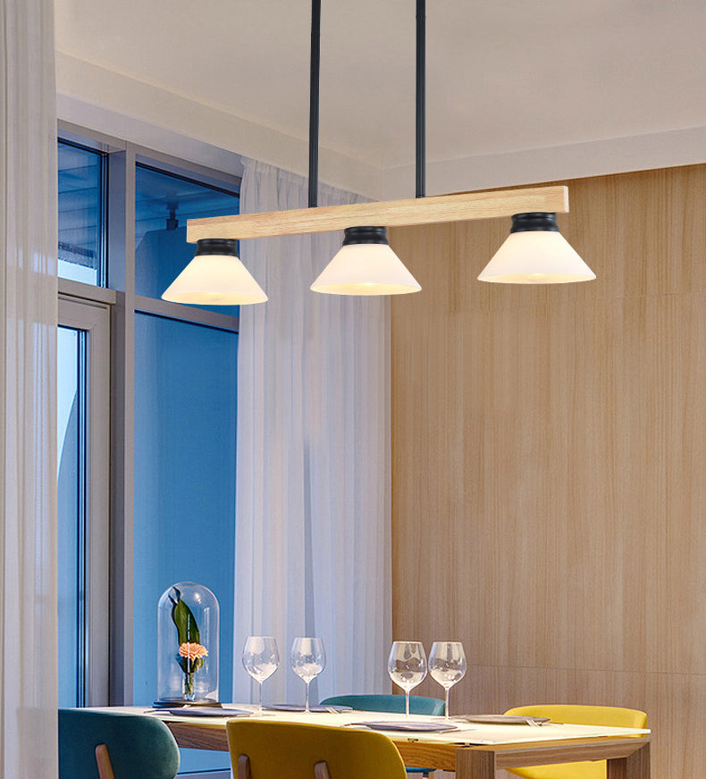 Cone Wood and Glass Island Ceiling Light Transitional Dining Room Island Light Fixtures