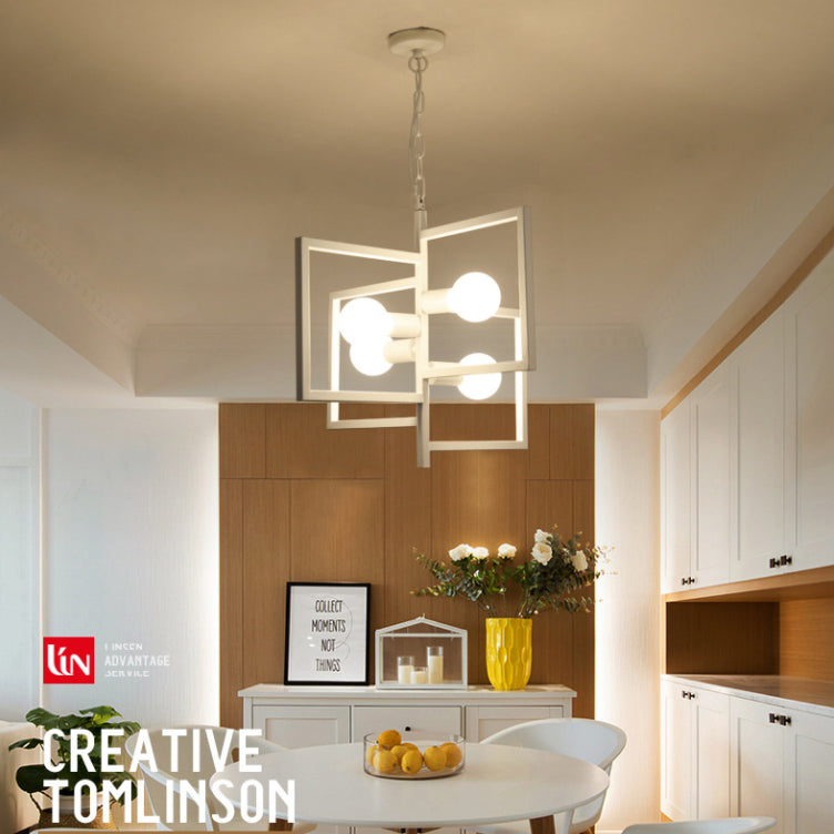 Luz colgante de marco de hierro blanco en lámpara colgante geométrica de 4 luces de estilo minimalista industrial para un lugar comercial