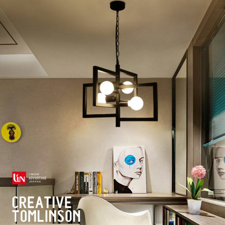 Luz colgante de marco de hierro blanco en lámpara colgante geométrica de 4 luces de estilo minimalista industrial para un lugar comercial