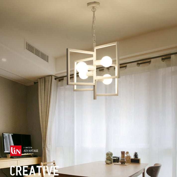 Luz colgante de marco de hierro blanco en lámpara colgante geométrica de 4 luces de estilo minimalista industrial para un lugar comercial