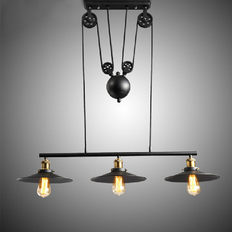 Black 3-Light Pulley Island Pendant Light in Industrial Retro Style Wrought Iron Hanging Lamp for Dining Room