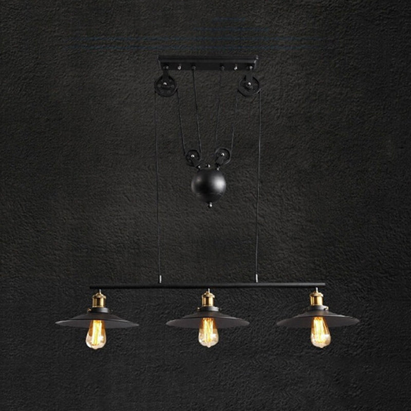 Black 3-Light Pulley Island Pendant Light in Industrial Retro Style Wrought Iron Hanging Lamp for Dining Room