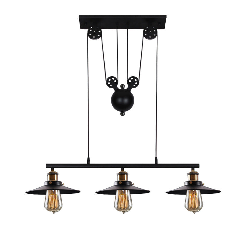Black 3-Light Pulley Island Pendant Light in Industrial Retro Style Wrought Iron Hanging Lamp for Dining Room