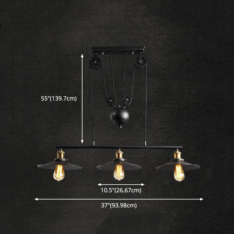 Black 3-Light Pulley Island Pendant Light in Industrial Retro Style Wrought Iron Hanging Lamp for Dining Room