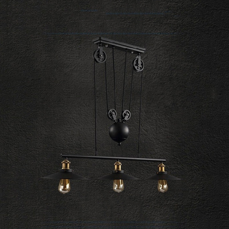 Black 3-Light Pulley Island Pendant Light in Industrial Retro Style Wrought Iron Hanging Lamp for Dining Room