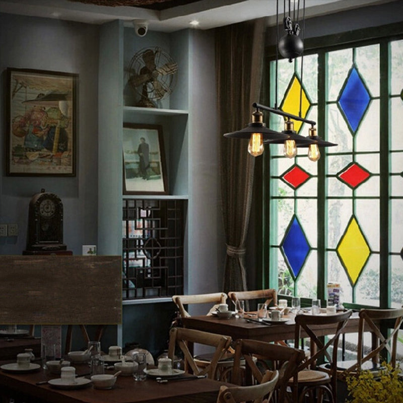 Black 3-Light Pulley Island Pendant Light in Industrial Retro Style Wrought Iron Hanging Lamp for Dining Room