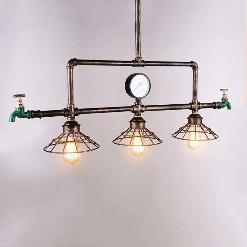 Cage Metal Hanging Island Light Industrial-Style Restaurant Island Chandelier Light in Rust