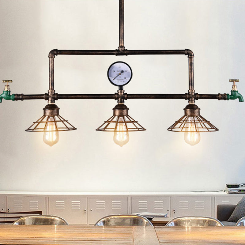 Cage Metal Hanging Island Light Industrial-Style Restaurant Island Chandelier Light in Rust