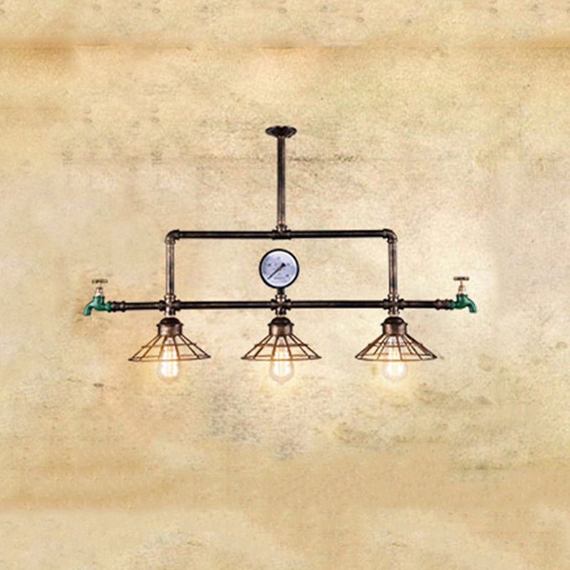 Cage Metal Hanging Island Light Industrial-Style Restaurant Island Chandelier Light in Rust
