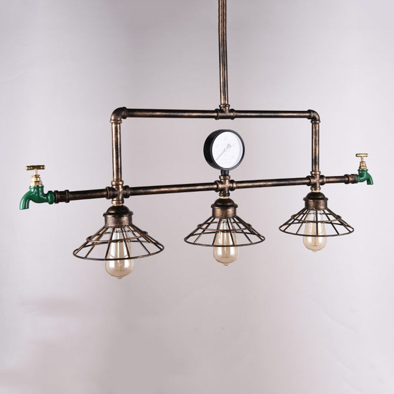 Cage Metal Hanging Island Light Industrial-Style Restaurant Island Chandelier Light in Rust
