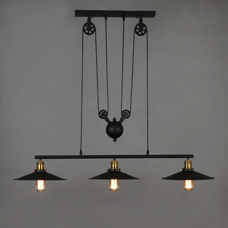 Black 3-Light Pulley Island Pendant Light in Industrial Retro Style Wrought Iron Hanging Lamp for Dining Room
