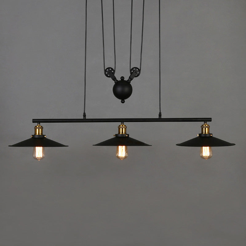 Black 3-Light Pulley Island Pendant Light in Industrial Retro Style Wrought Iron Hanging Lamp for Dining Room