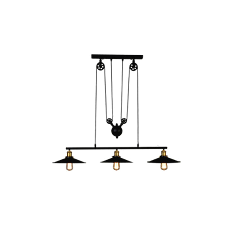 Black 3-Light Pulley Island Pendant Light in Industrial Retro Style Wrought Iron Hanging Lamp for Dining Room