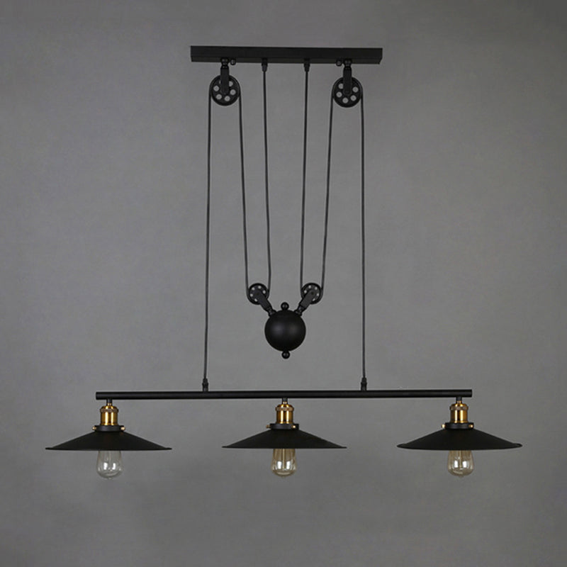 Black 3-Light Pulley Island Pendant Light in Industrial Retro Style Wrought Iron Hanging Lamp for Dining Room