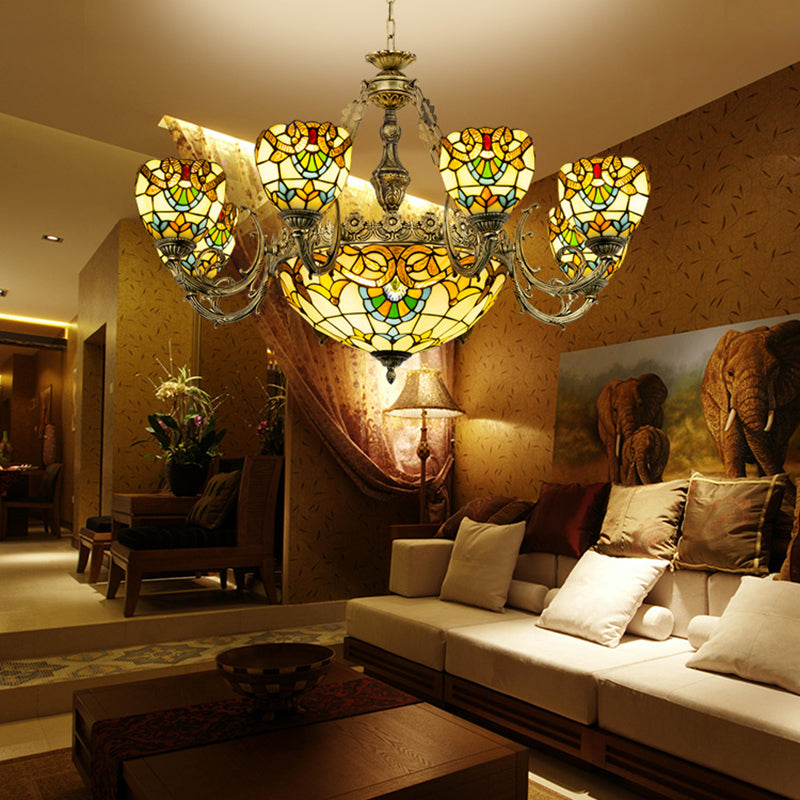 Lampada lampadario a forma di ciotola macchiata di vetro in vetro a pendente in stile tiffante beige