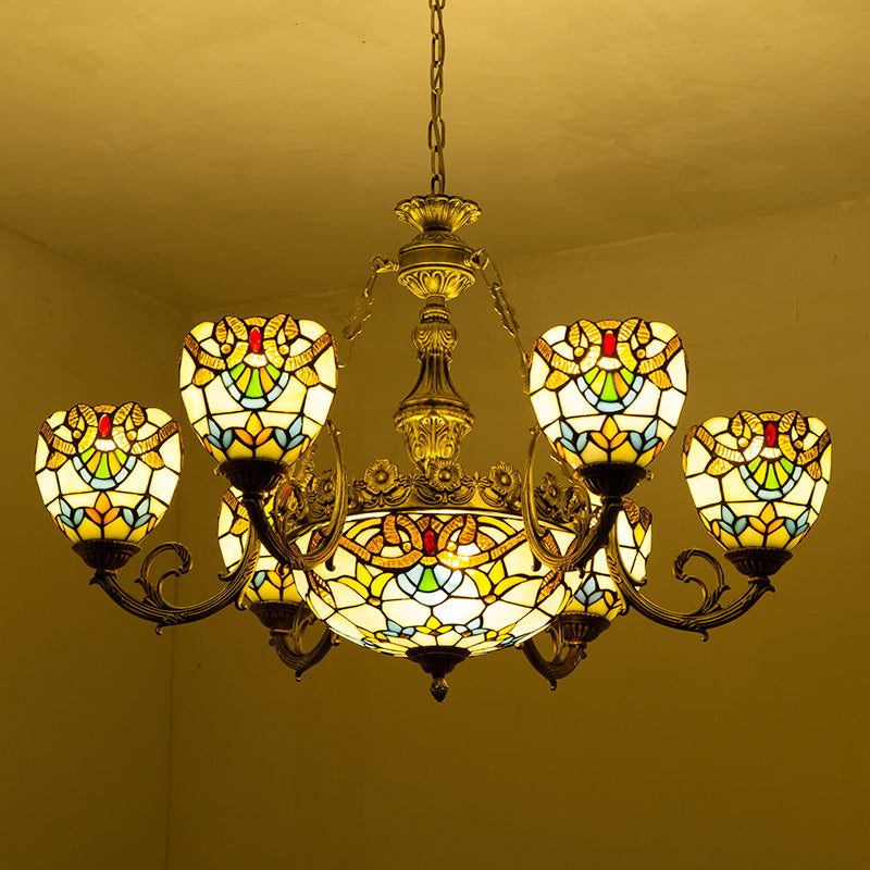 Lampada lampadario a forma di ciotola macchiata di vetro in vetro a pendente in stile tiffante beige