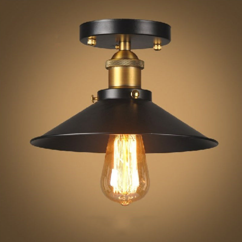Black 1-Light Semi Flush Mount in Industrial Concise Style Wrought Iron Ceiling Fixture for Corridor