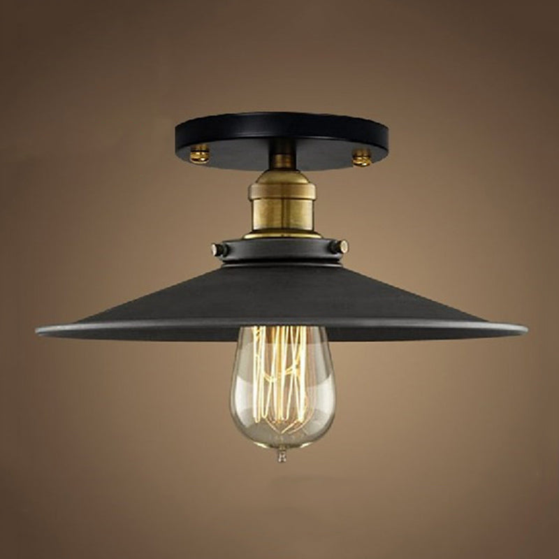 Black 1-Light Semi Flush Mount in Industrial Concise Style Wrought Iron Ceiling Fixture for Corridor